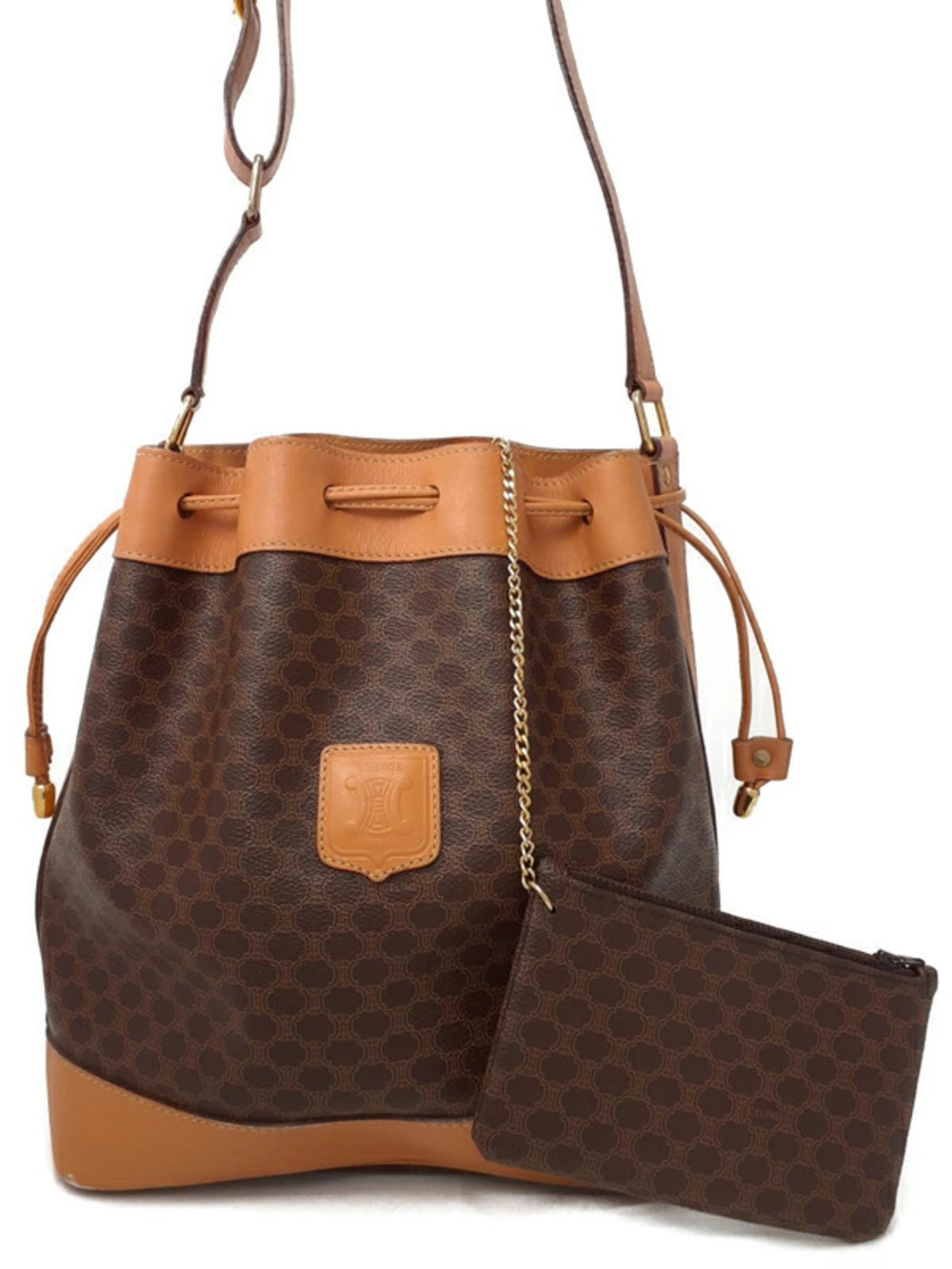 Celine Macadam shoulder bag tan leather flap monogram Brown